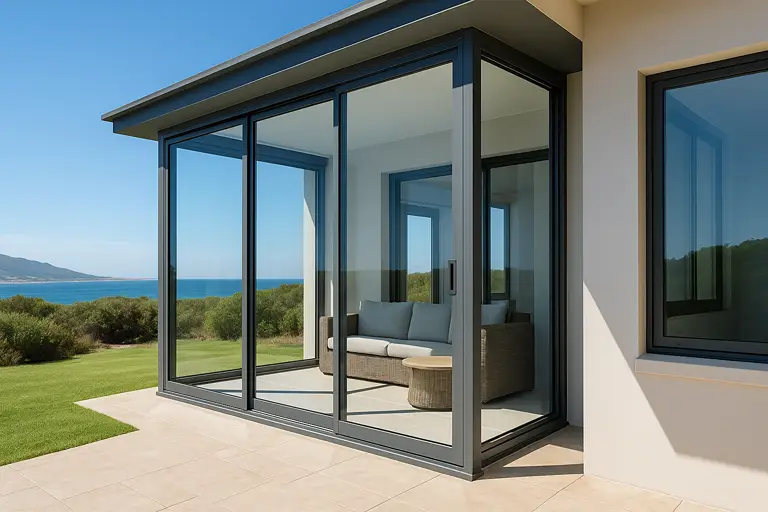 Beautiful black frame glass enclosure installed in bright home in Hermanus