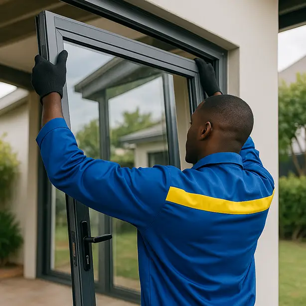 Bright Home employee in work clothes installing an aluminium door frame