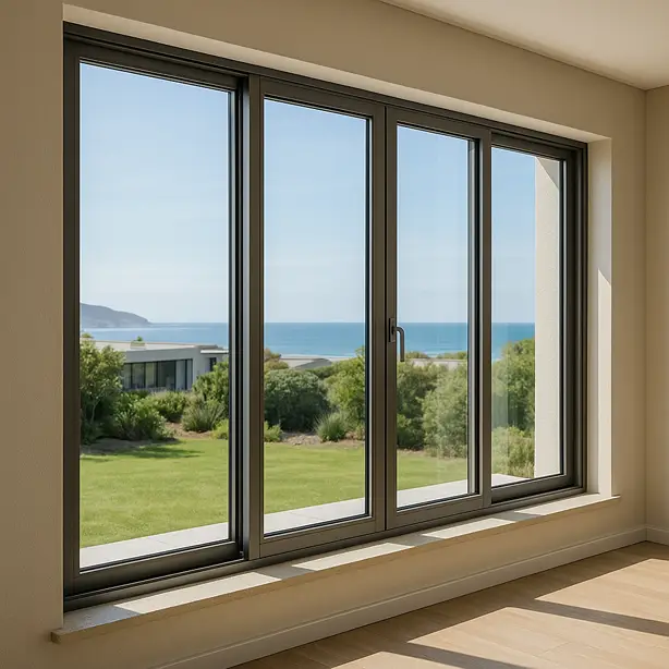 Beautiful black frame aluminium window installed in bright home in Hermanus