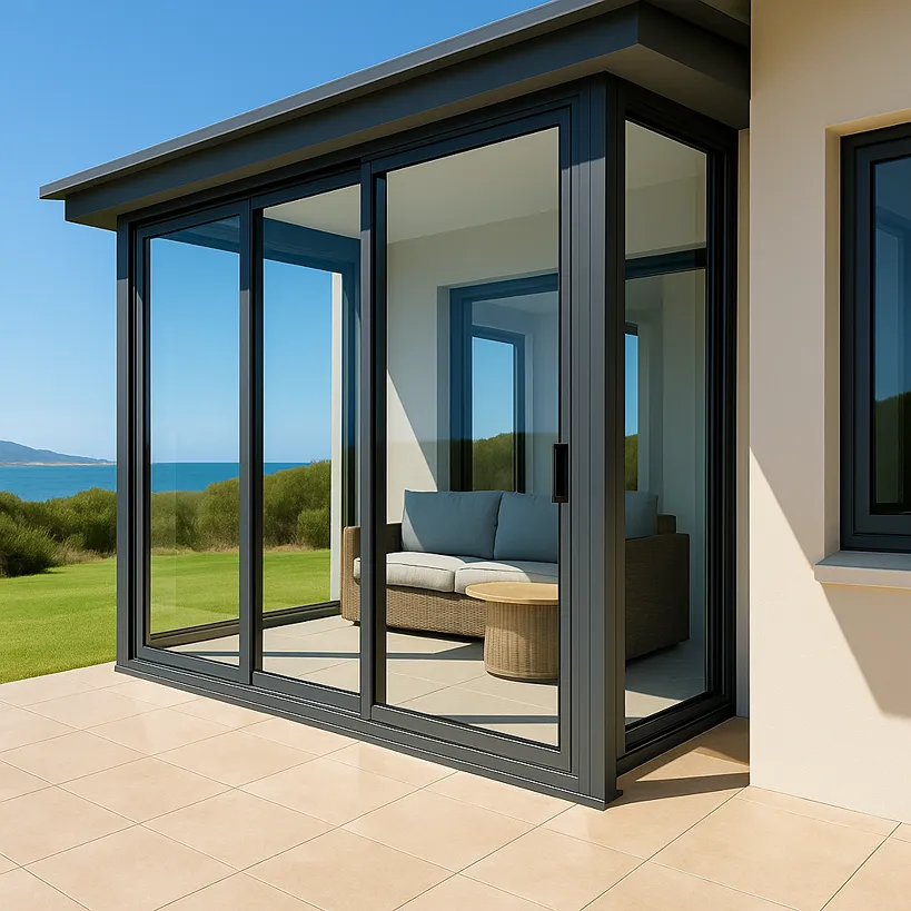 Black aluminium sliding enclosure, the coastal backdrop and the clean, airy living space.